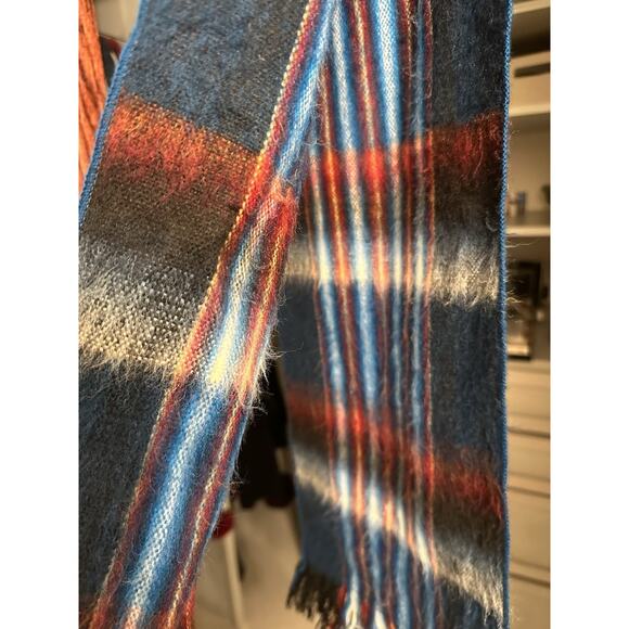 Vintage Soft Brushed Acrylic Stripe Fringe Scarf | Retro Navy Blue & Rust Plaid - Picture 4 of 5